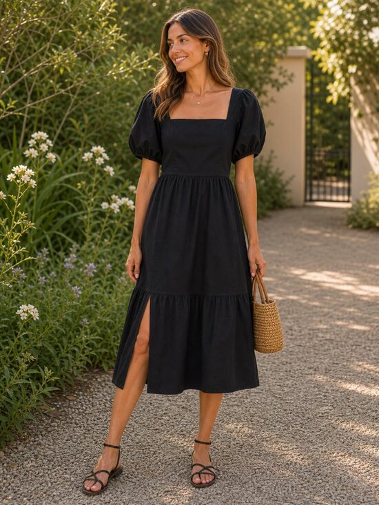 Astr Dresses & Skirts - ASTR The Label Black Cotton Puff Sleeve Midi Dress Size S